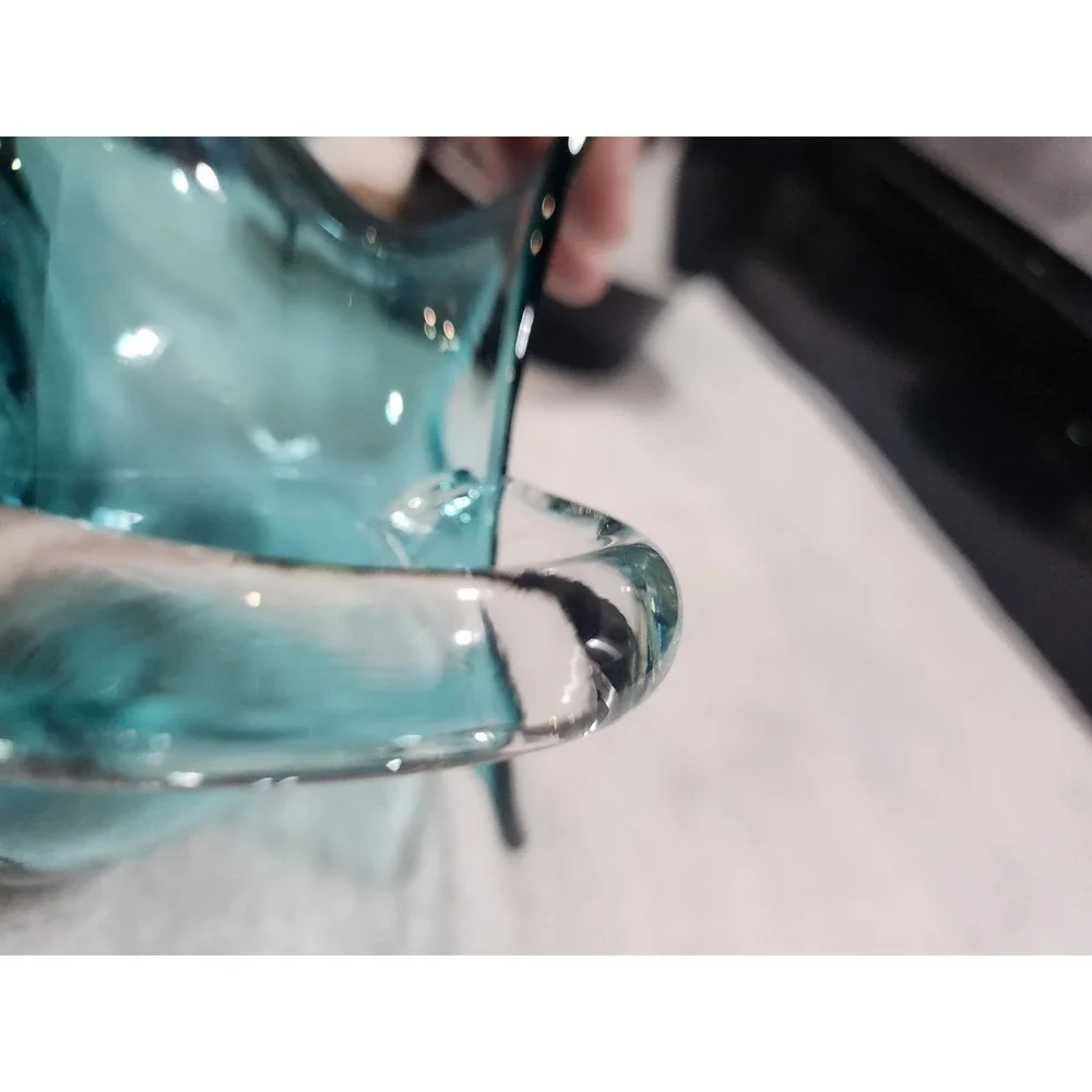 Vintage~MCM~Blue~Pitcher-Squatty~Flat Bottom~Clear Handle~ Squared Top~Beautiful